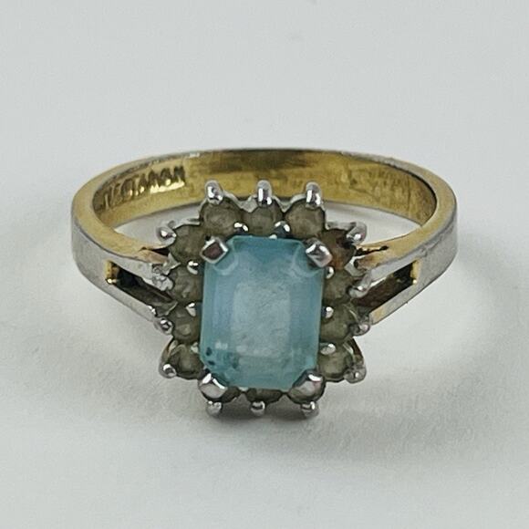 Vintage Ring 14K GE Gold Electroplate Taiwan Size 9 Aquamarine Blue Pale Rhinest - Picture 5 of 16